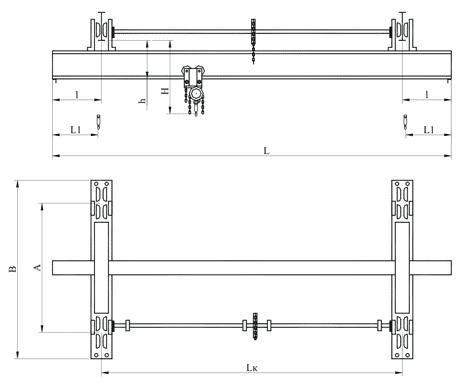 Кран мостовой ручной однобалочный подвесной, г/п 2–3,2т.